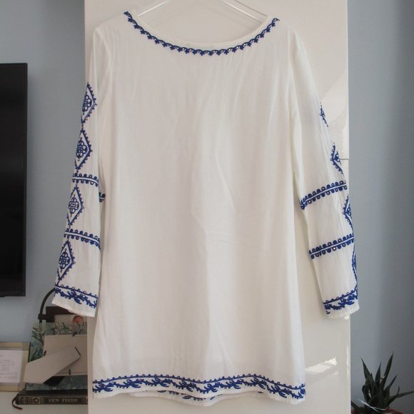 Lulus Womens Sz. S Long Sleeve Embroidered Tie Neck Boho Mini Dress White Blue - Picture 4 of 12